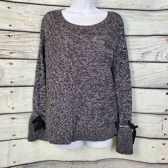 LOFT Black White Marled Knit Sweater Size Small 100% Cotton Long Sleeve Bow Cuff - Picture 1 of 10